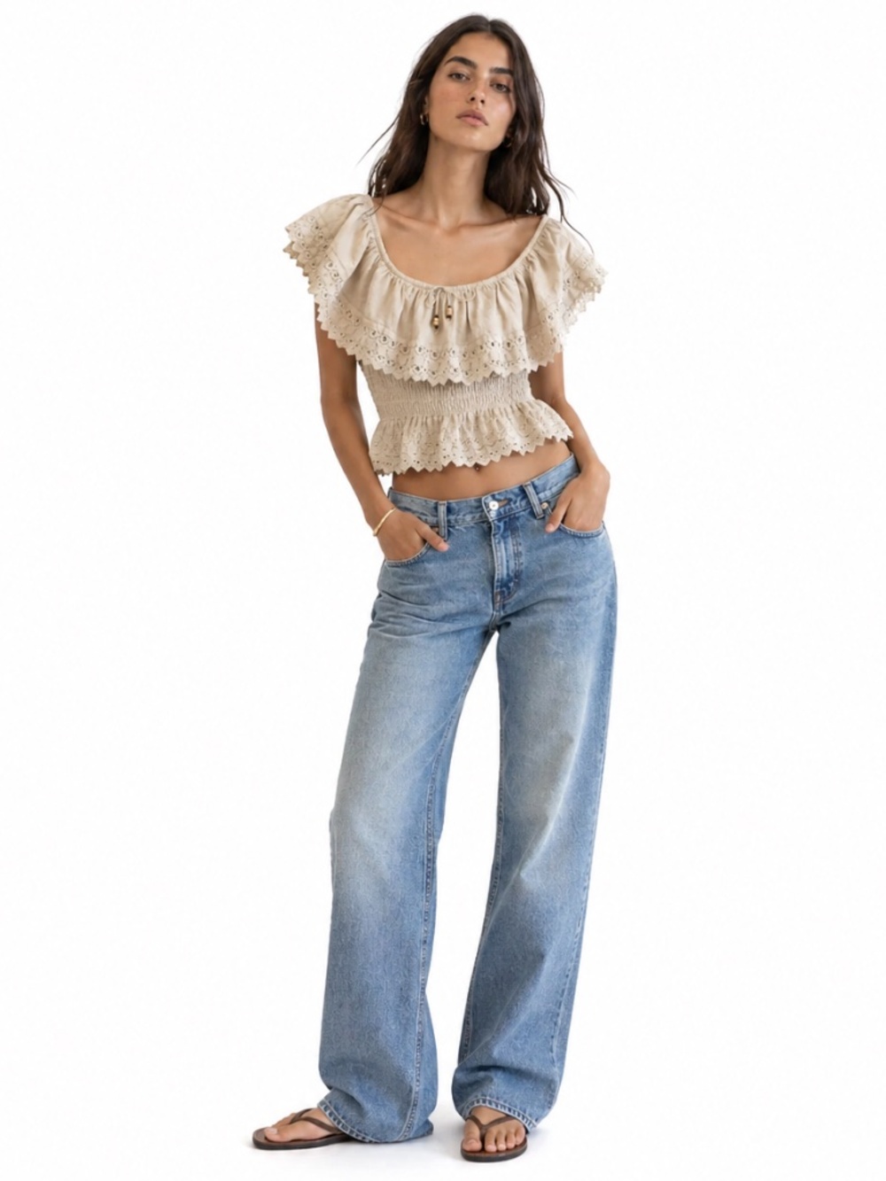Boho Cream Crochet Trim Off-Shoulder Crop Top – Size Small EUC